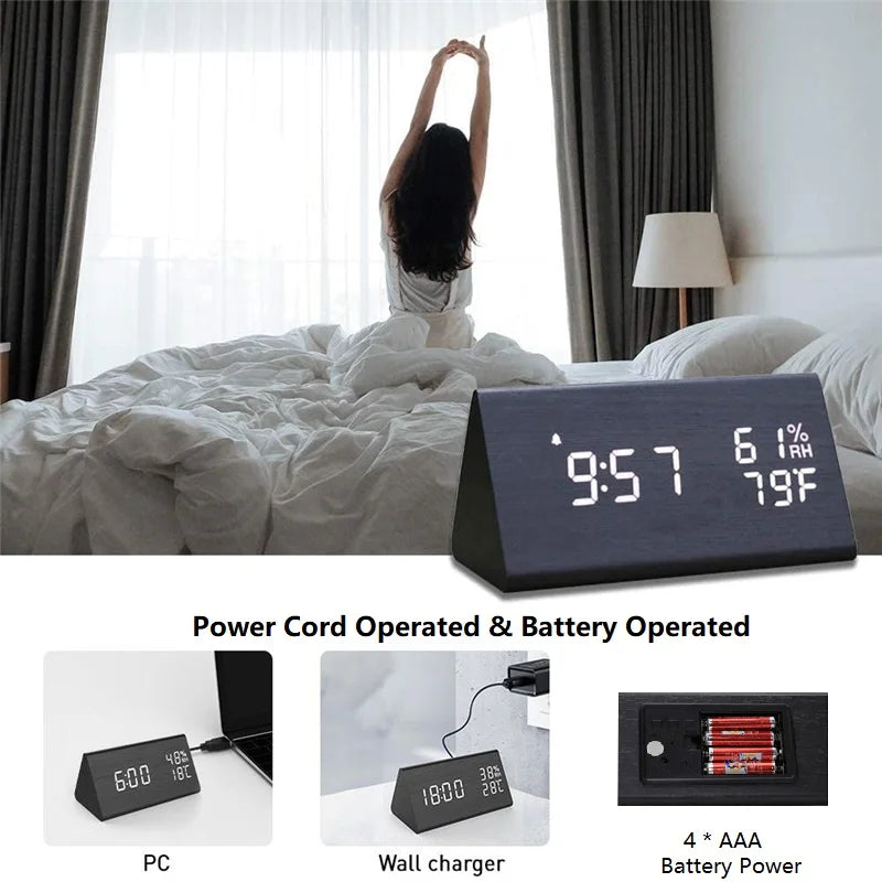 Smart Wooden LED Clock with Time, USB Charger, and Temperature Sensor