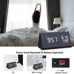 Smart Wooden LED Clock with Time, USB Charger, and Temperature Sensor