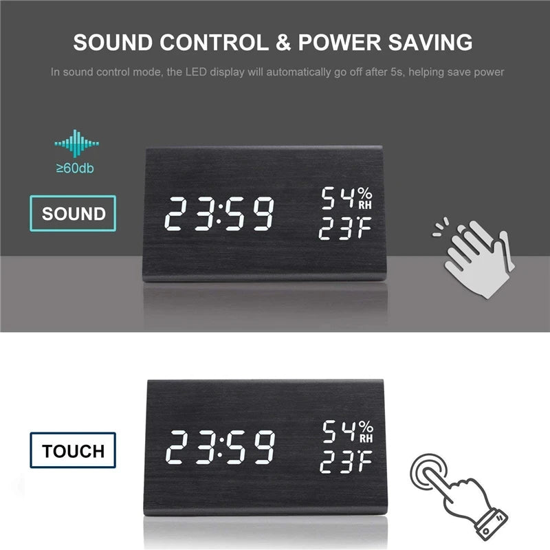 Smart Wooden LED Clock with Time, USB Charger, and Temperature Sensor