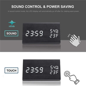 Smart Wooden LED Clock with Time, USB Charger, and Temperature Sensor