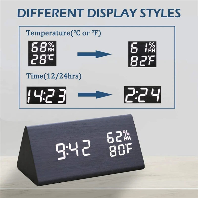 Smart Wooden LED Clock with Time, USB Charger, and Temperature Sensor