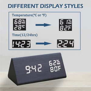 Smart Wooden LED Clock with Time, USB Charger, and Temperature Sensor