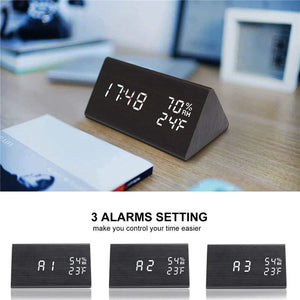 Smart Wooden LED Clock with Time, USB Charger, and Temperature Sensor