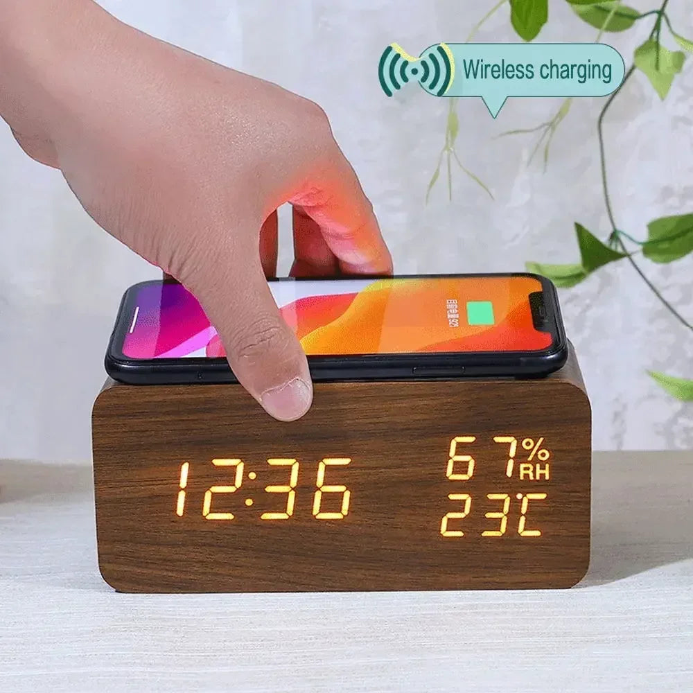 Wooden LED Digital Alarm Clock – Wireless Charging, Weather Station, & Multifunction Display
