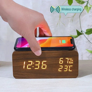 Wooden LED Digital Alarm Clock – Wireless Charging, Weather Station, & Multifunction Display