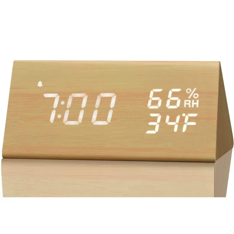 Smart Wooden LED Clock with Time, USB Charger, and Temperature Sensor