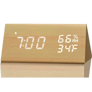 Smart Wooden LED Clock with Time, USB Charger, and Temperature Sensor