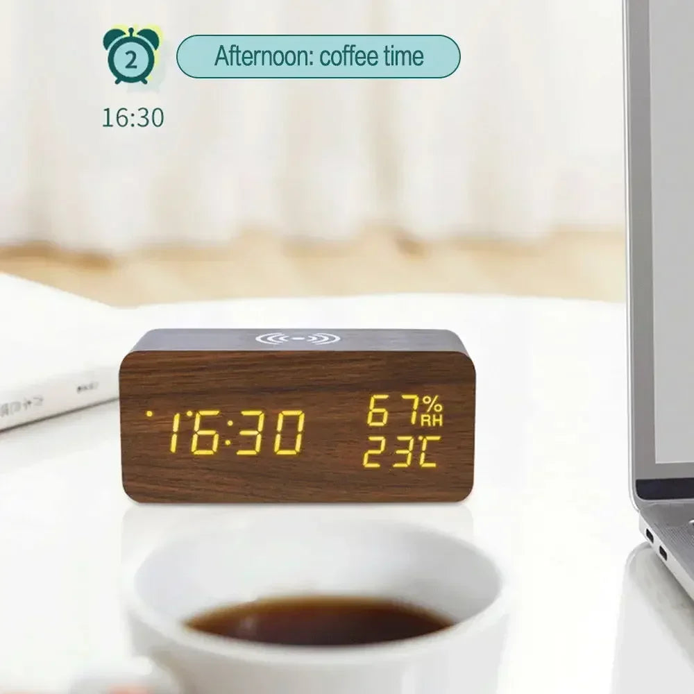 Wooden LED Digital Alarm Clock – Wireless Charging, Weather Station, & Multifunction Display