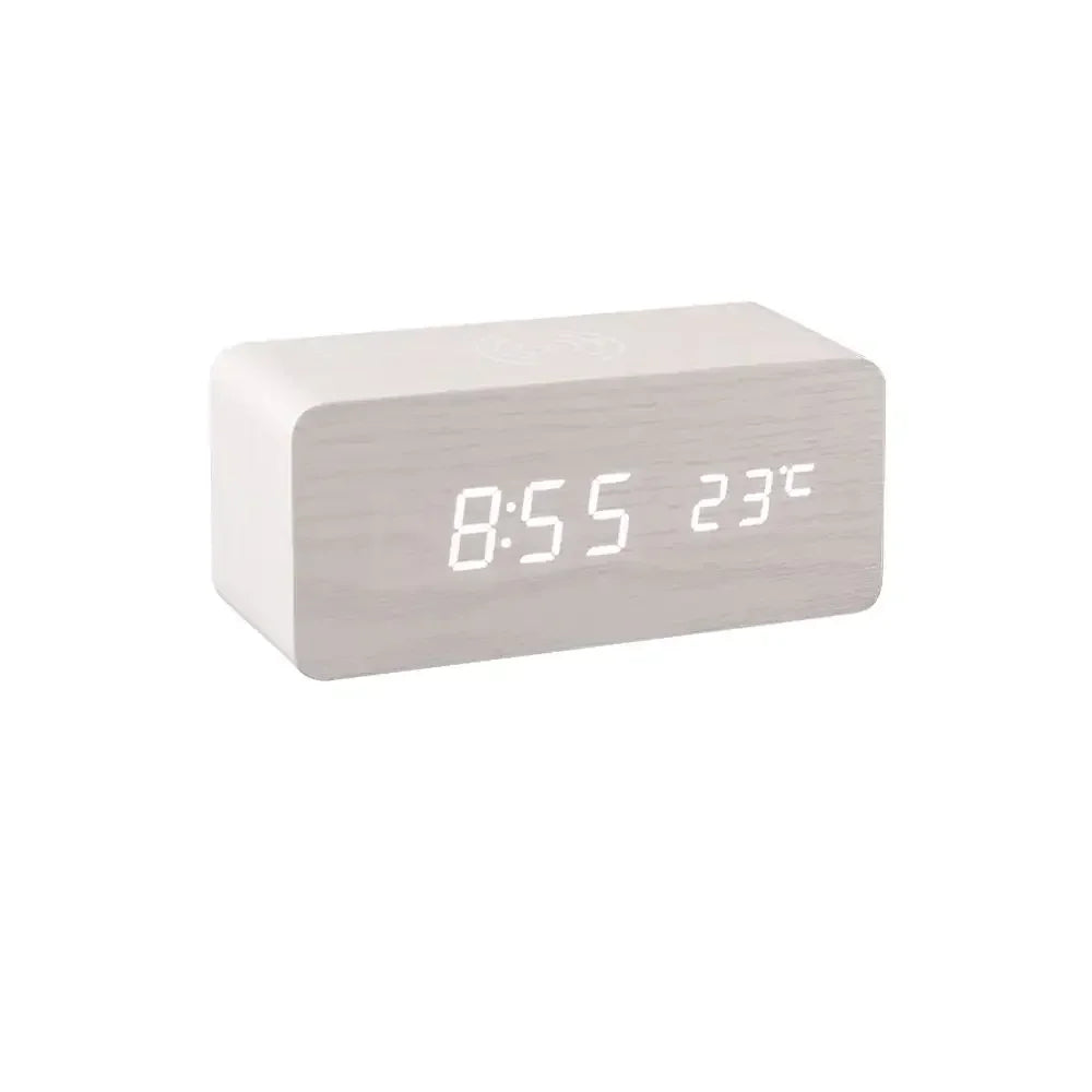 Wooden LED Digital Alarm Clock – Wireless Charging, Weather Station, & Multifunction Display