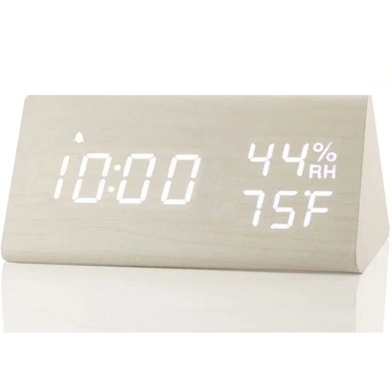 Smart Wooden LED Clock with Time, USB Charger, and Temperature Sensor