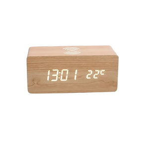 Wooden LED Digital Alarm Clock – Wireless Charging, Weather Station, & Multifunction Display
