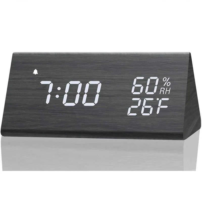 Smart Wooden LED Clock with Time, USB Charger, and Temperature Sensor