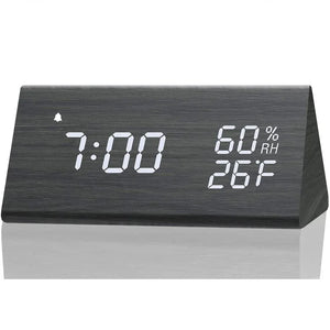 Smart Wooden LED Clock with Time, USB Charger, and Temperature Sensor