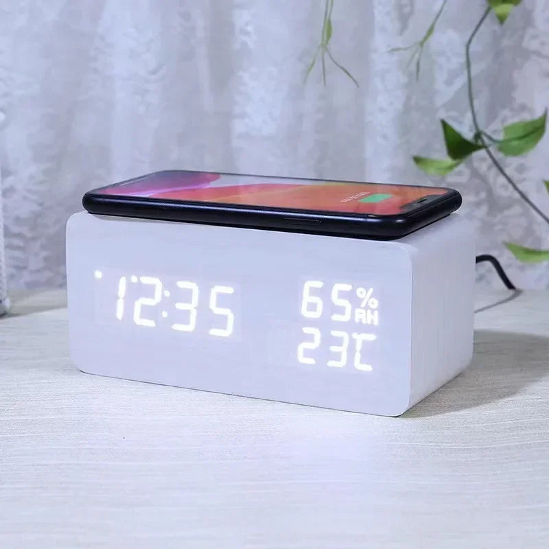 Wooden LED Digital Alarm Clock – Wireless Charging, Weather Station, & Multifunction Display
