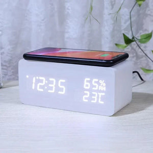 Wooden LED Digital Alarm Clock – Wireless Charging, Weather Station, & Multifunction Display