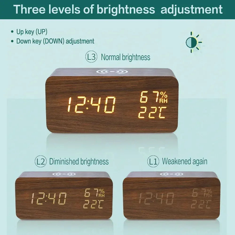 Wooden LED Digital Alarm Clock – Wireless Charging, Weather Station, & Multifunction Display