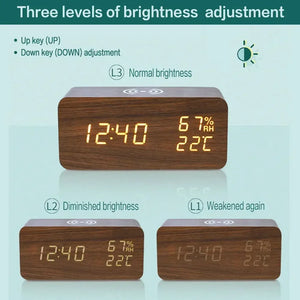 Wooden LED Digital Alarm Clock – Wireless Charging, Weather Station, & Multifunction Display