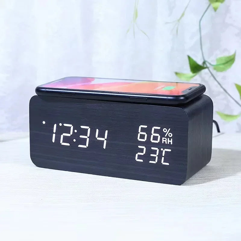 Wooden LED Digital Alarm Clock – Wireless Charging, Weather Station, & Multifunction Display