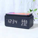 Wooden LED Digital Alarm Clock – Wireless Charging, Weather Station, & Multifunction Display