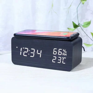 Wooden LED Digital Alarm Clock – Wireless Charging, Weather Station, & Multifunction Display