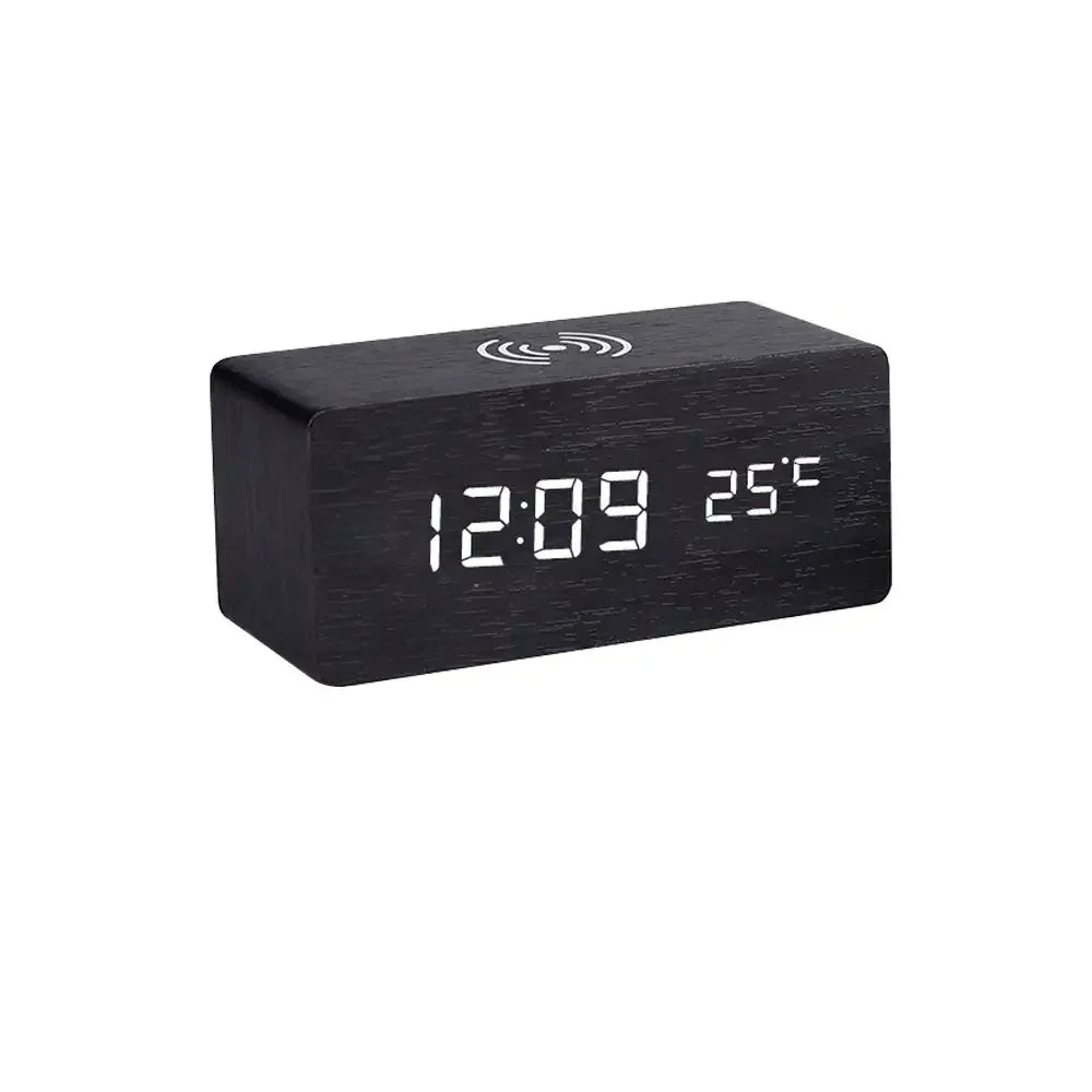 Wooden LED Digital Alarm Clock – Wireless Charging, Weather Station, & Multifunction Display