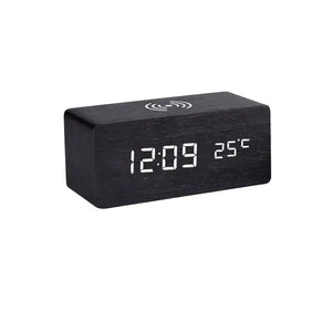 Wooden LED Digital Alarm Clock – Wireless Charging, Weather Station, & Multifunction Display