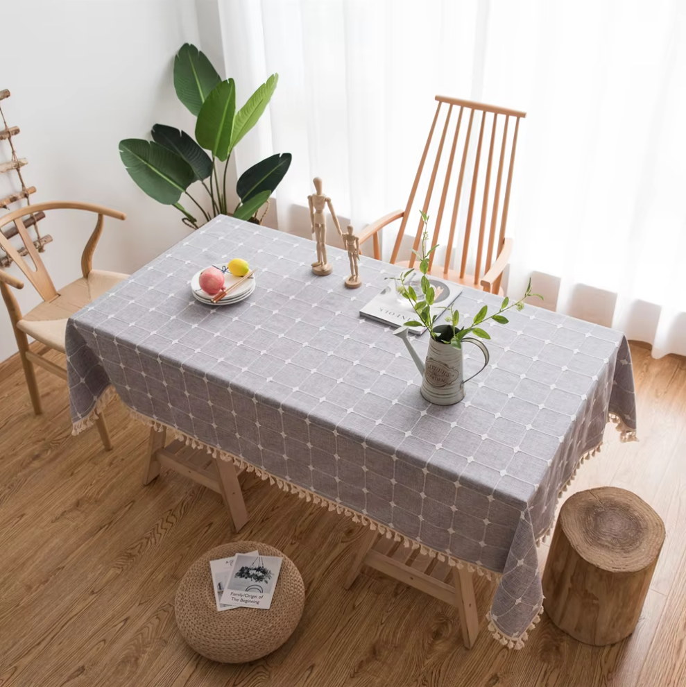 Elegant Jacquard Checkered Tassel Tablecloth