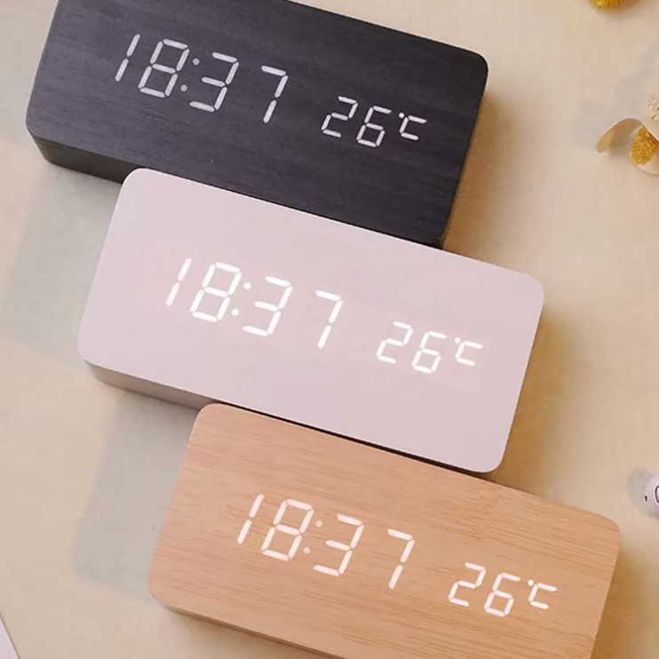 Wooden LED Digital Alarm Clock – Wireless Charging, Weather Station, & Multifunction Display