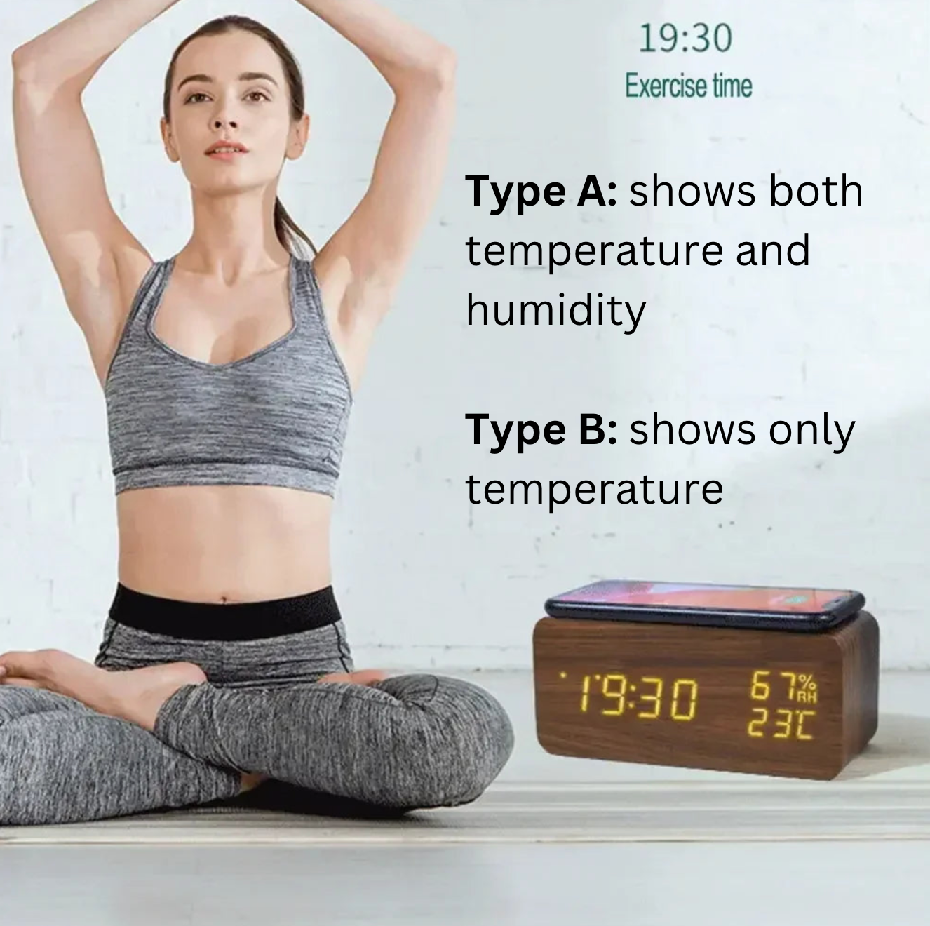 Wooden LED Digital Alarm Clock – Wireless Charging, Weather Station, & Multifunction Display
