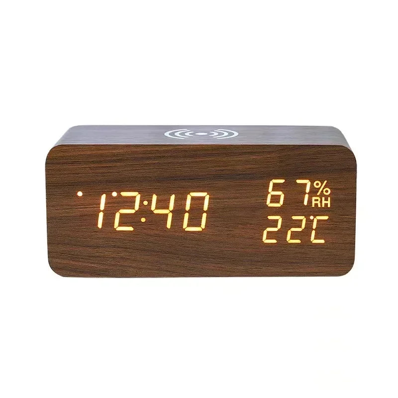 Wooden LED Digital Alarm Clock – Wireless Charging, Weather Station, & Multifunction Display