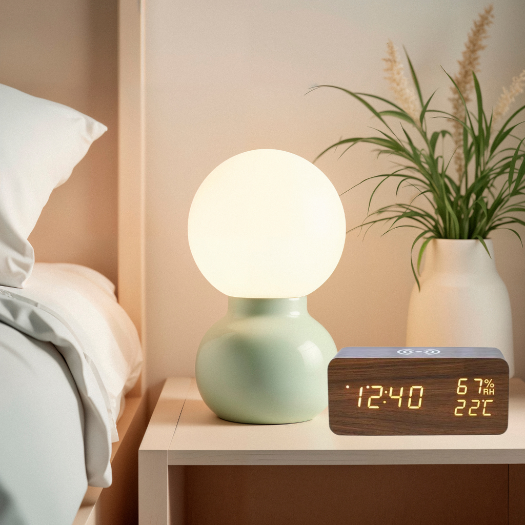 Wooden LED Digital Alarm Clock – Wireless Charging, Weather Station, & Multifunction Display