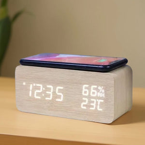Wooden LED Digital Alarm Clock – Wireless Charging, Weather Station, & Multifunction Display