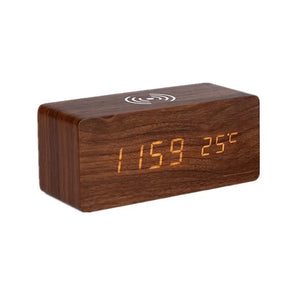 Wooden LED Digital Alarm Clock – Wireless Charging, Weather Station, & Multifunction Display